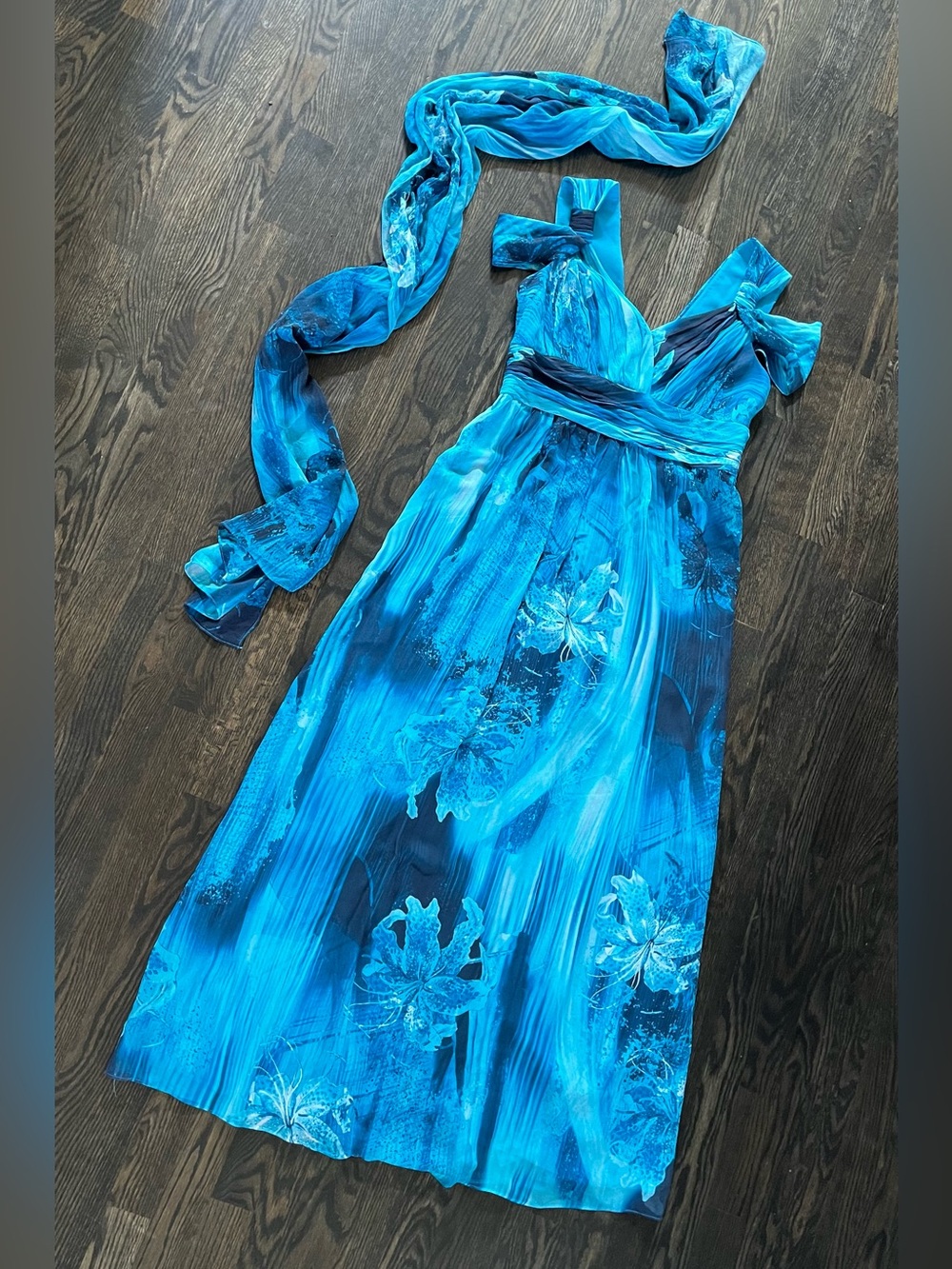 Luisa Spagnoli 100% Silk Blue Watercolour Floral Grecian Maxi Dress Scarf Size 8